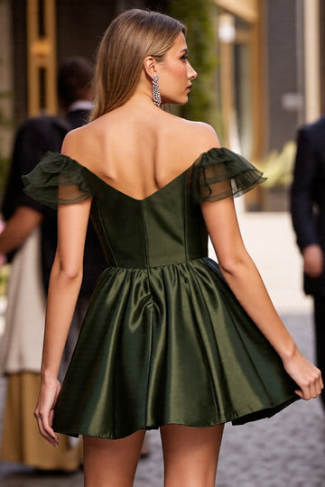 Off The Shoulder Satin Army Green Short Cocktail Dress